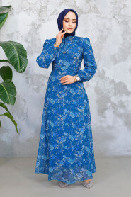 Modest Petrol Blue Floral Long Dress 50812PM - 2