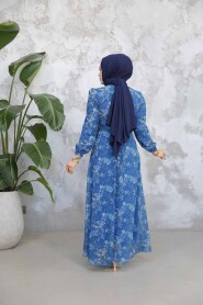 Modest Petrol Blue Floral Long Dress 50812PM - 3