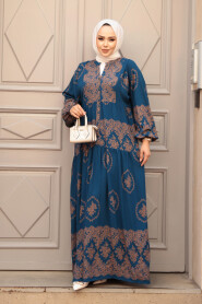 Modest Petrol Blue Flower Maxi Dress 24014PM 