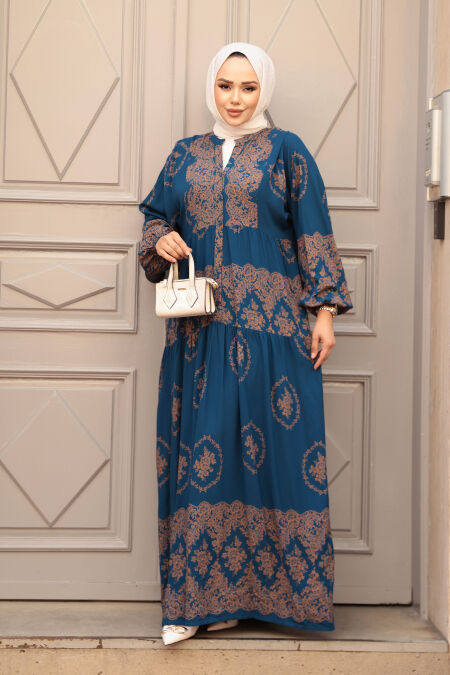 Modest Petrol Blue Flower Maxi Dress 24014PM - NEVA STYLE