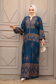 Modest Petrol Blue Flower Maxi Dress 24014PM - 2