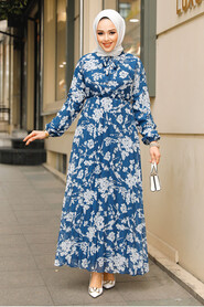 Modest Petrol Blue Maxi Floral Dress 50352PM - 1