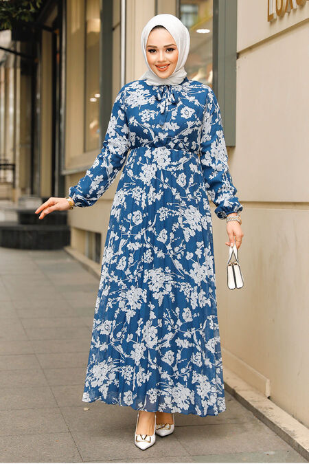 Modest Petrol Blue Maxi Floral Dress 50352PM - NEVA STYLE