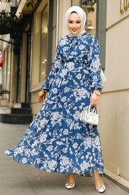 Modest Petrol Blue Maxi Floral Dress 50352PM - 2