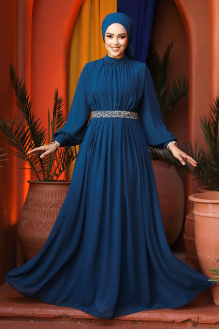 Modest Petrol Green Evening Dress 25888PY - NEVA STYLE