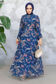  Modest Petrol Green Floral Long Dress 52681PY 