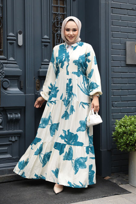 Modest Petrol Green Floral Long Sleeve Dress 24062PY - NEVA STYLE