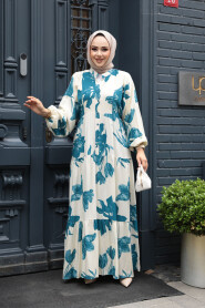 Modest Petrol Green Floral Long Sleeve Dress 24062PY - 2