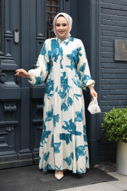 Modest Petrol Green Floral Long Sleeve Dress 24062PY - 3