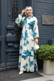 Modest Petrol Green Floral Long Sleeve Dress 24062PY - 4