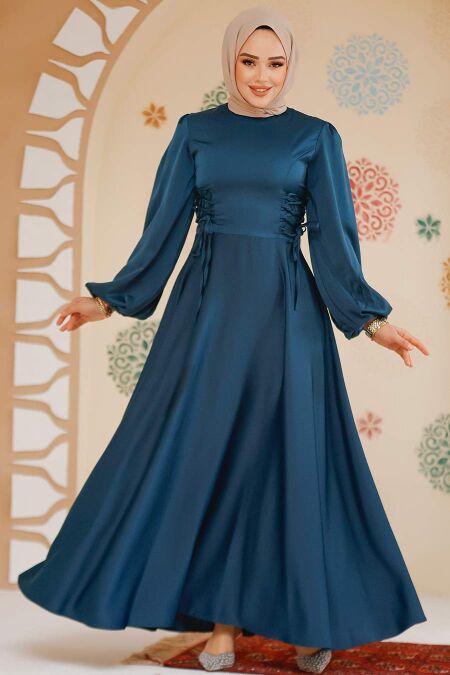 Modest Petrol Green Satin Engagement Gown 61501PY - NEVA STYLE