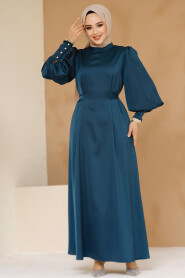 Modest Petrol Green Satin Evening Dress 61651PY - 2