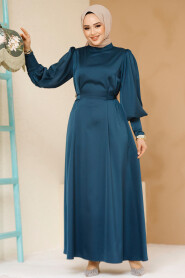 Modest Petrol Green Satin Evening Dress 61651PY 