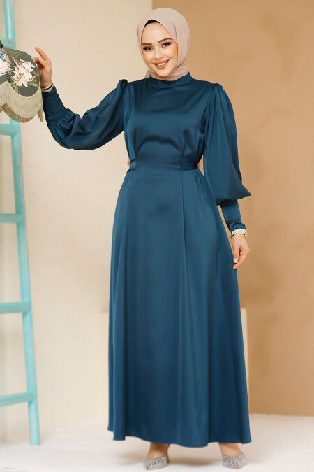 Modest Petrol Green Satin Evening Dress 61651PY - NEVA STYLE