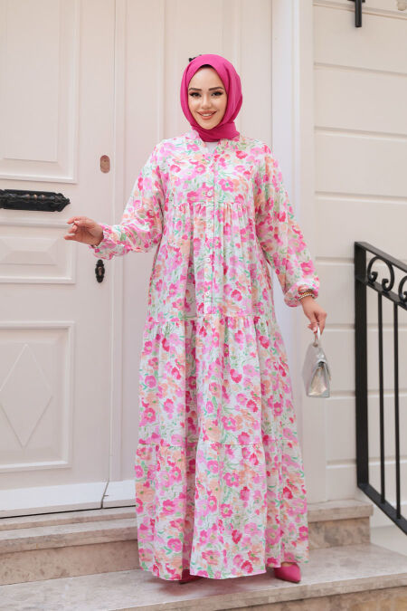 Modest Pink Floral Dress 19034P - NEVA STYLE