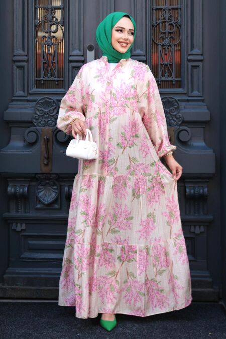 Modest Pink Floral Dress 710502P - NEVA STYLE