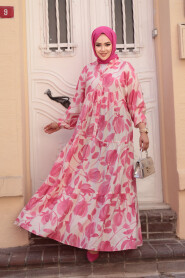 Modest Pink Floral Long Dress 19035P - 1