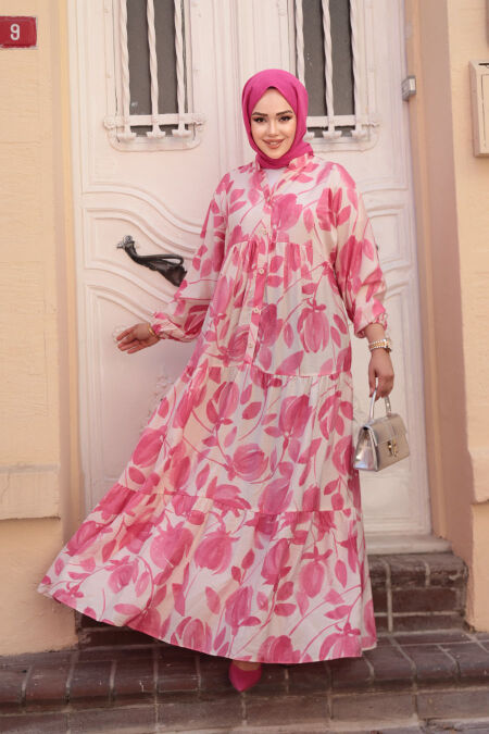 Modest Pink Floral Long Dress 19035P - NEVA STYLE