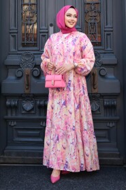 Modest Pink Floral Maxi Dress 710507P - 3