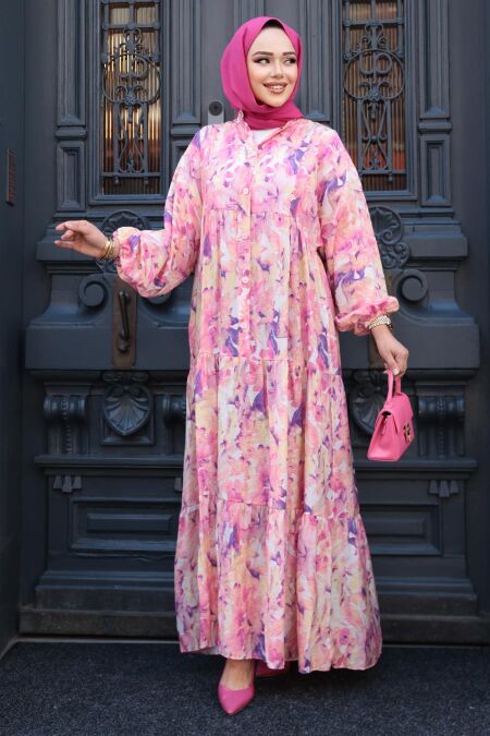 Modest Pink Floral Maxi Dress 710507P - NEVA STYLE