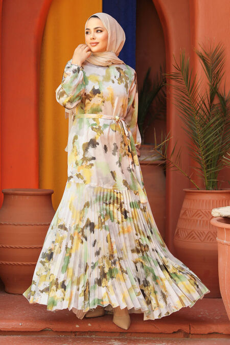 Modest Pistachio Green Pleated Maxi Dress 4539FY - NEVA STYLE