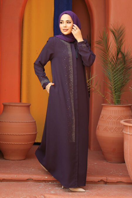 Modest Plum Color Abaya For Women 26331MU - NEVA STYLE