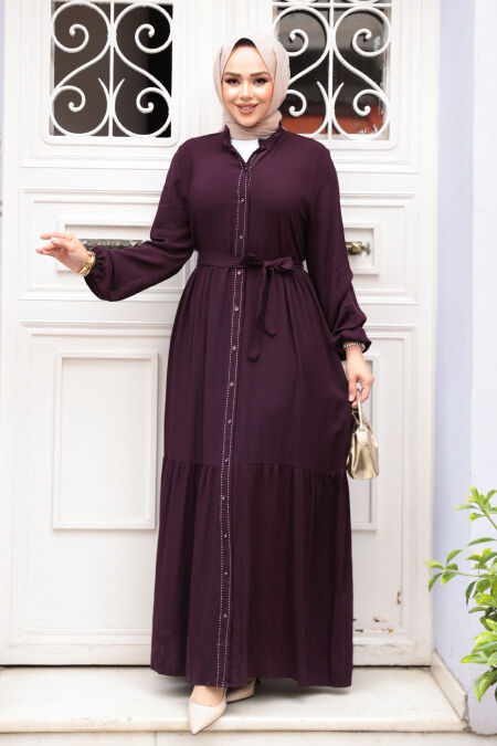Modest Plum Color Eid Dress 23929MU - NEVA STYLE
