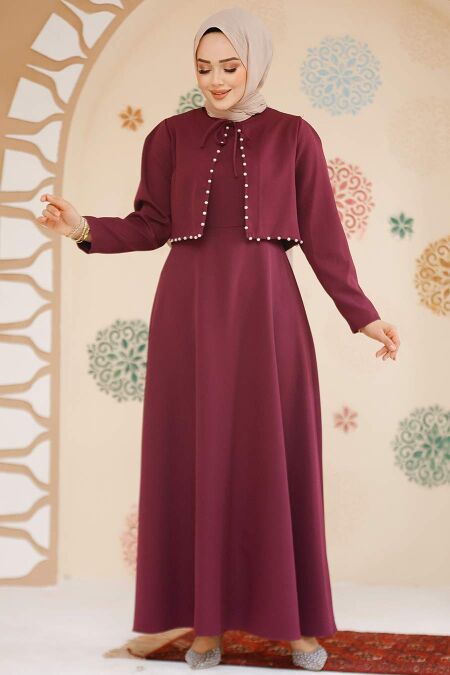 Modest Plum Color Eid Dress 61462MU - NEVA STYLE