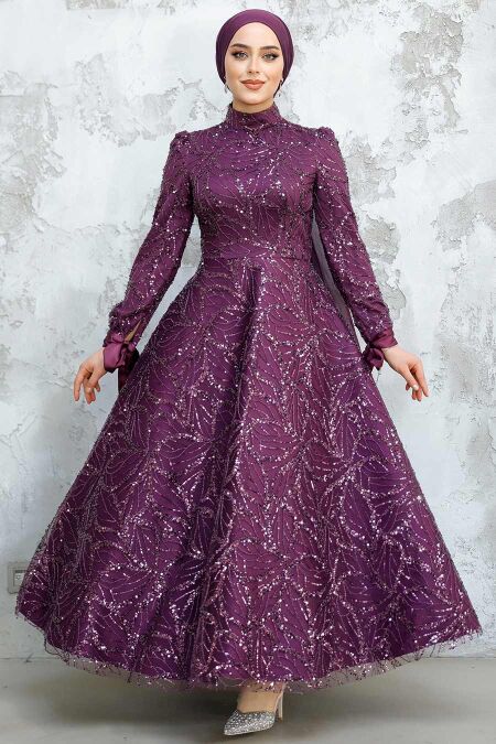 Modest Plum Color Elegant Evening Gown 4908MU - NEVA STYLE