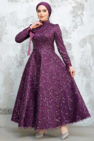 Modest Plum Color Elegant Evening Gown 4908MU - 3