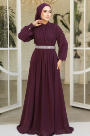 Modest Plum Color Evening Dress 25888MU - 1