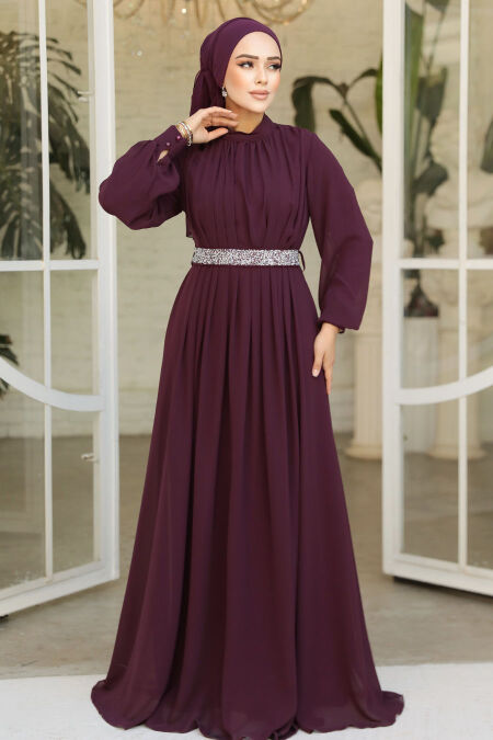 Modest Plum Color Evening Dress 25888MU - NEVA STYLE