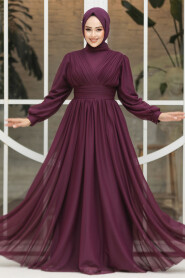 Modest Plum Color Evening Gown 46321MU - 1