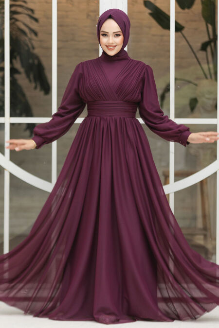 Modest Plum Color Evening Gown 46321MU - NEVA STYLE