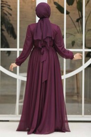 Modest Plum Color Evening Gown 46321MU - 4