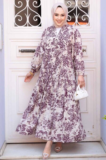 Modest Plum Color Floral Long Dress 52941MU - NEVA STYLE