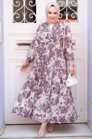 Modest Plum Color Floral Long Dress 52941MU - 2
