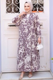 Modest Plum Color Floral Long Dress 52941MU - 4