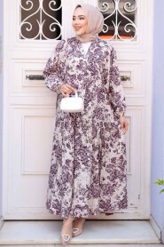 Modest Plum Color Floral Long Dress 52941MU - 3