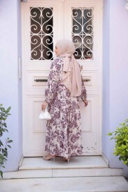 Modest Plum Color Floral Long Dress 52941MU - 5