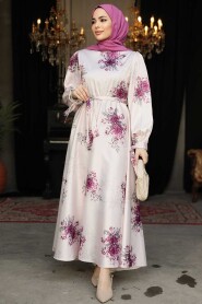 Modest Plum Color Floral Long Sleeve Dress 60911MU - 2