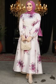 Modest Plum Color Floral Long Sleeve Dress 60911MU - 1