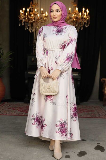 Modest Plum Color Floral Long Sleeve Dress 60911MU - NEVA STYLE