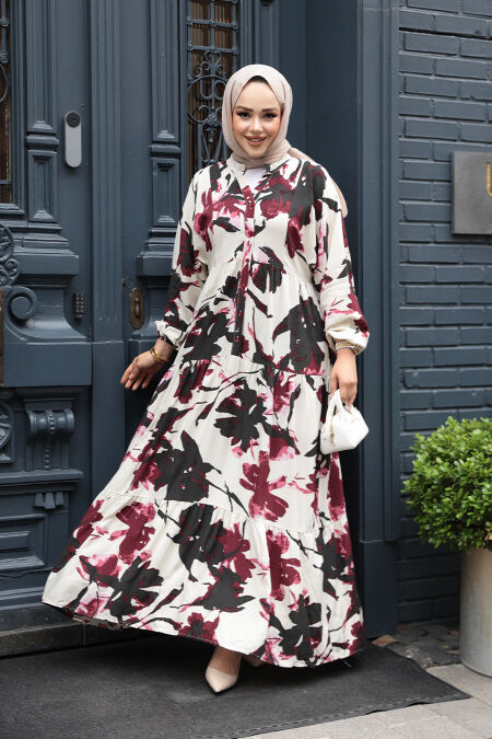 Modest Plum Color Floral Maxi Dress 24061MU - NEVA STYLE