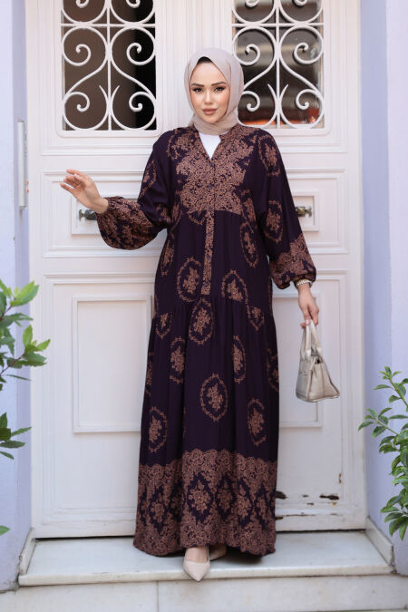 Modest Plum Color Flower Maxi Dress 24014MU - NEVA STYLE