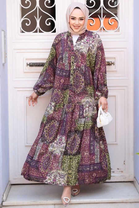 Modest Plum Color Long Dress 52943MU - NEVA STYLE