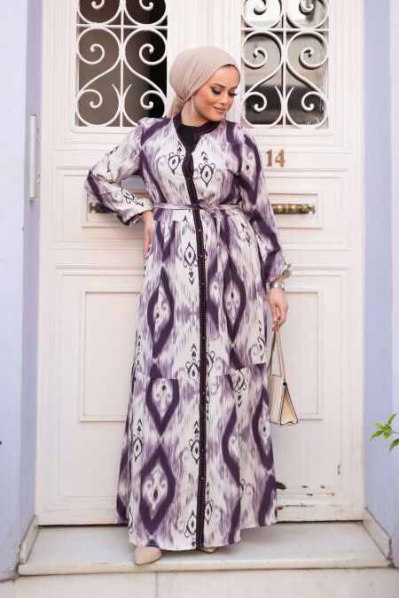 Modest Plum Color Patterned Long Dress 23923MU - NEVA STYLE