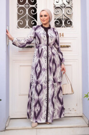 Modest Plum Color Patterned Long Dress 23923MU - 3