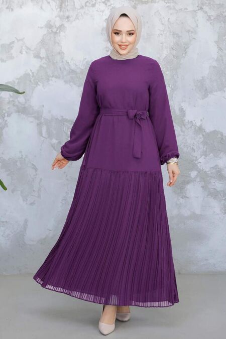 Modest Plum Color Pleated Long Dress 23771MU - NEVA STYLE