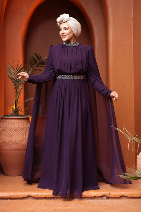Modest Plum Color Plus Size Wedding Dress 25911MU - NEVA STYLE